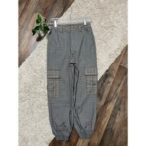 Urban Outfitters XS Black White Orange Plaid High Waisted Cargo Jogger Pants